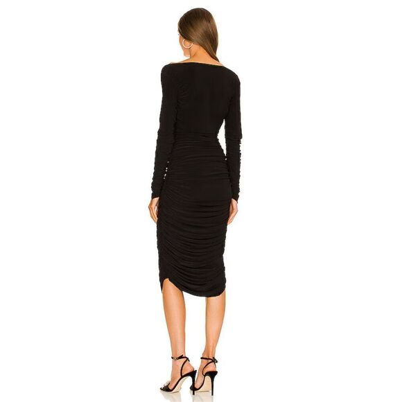 NEW Norma Kamali Tara Black Long Sleeve Dress Deep V Ruched Midi Dress - Picture 5 of 10